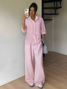 SHEIN EZwear 女士条纹衬衫长裤套装，休闲度假装，春夏款 - 粉色 - 查看 6
