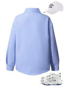 SHEIN 女童卡通人物字母印花长袖立领衬衫，适合外出、上学和通勤。 - 藍色 - 查看 2