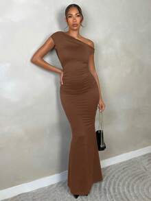 SHEIN BAE 优雅女士不对称下摆连衣裙，适合日常穿着、约会、外出、派对、夜店、万圣节等场合。 - 棕色 - 查看 3