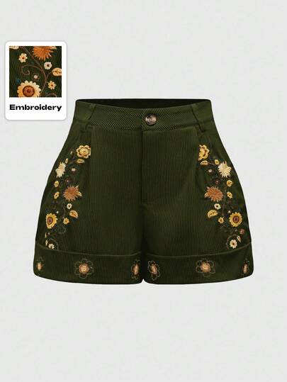 ROMWE Hippie Plus Size Women Floral Embroidery Cuffed Casual Loose Shorts