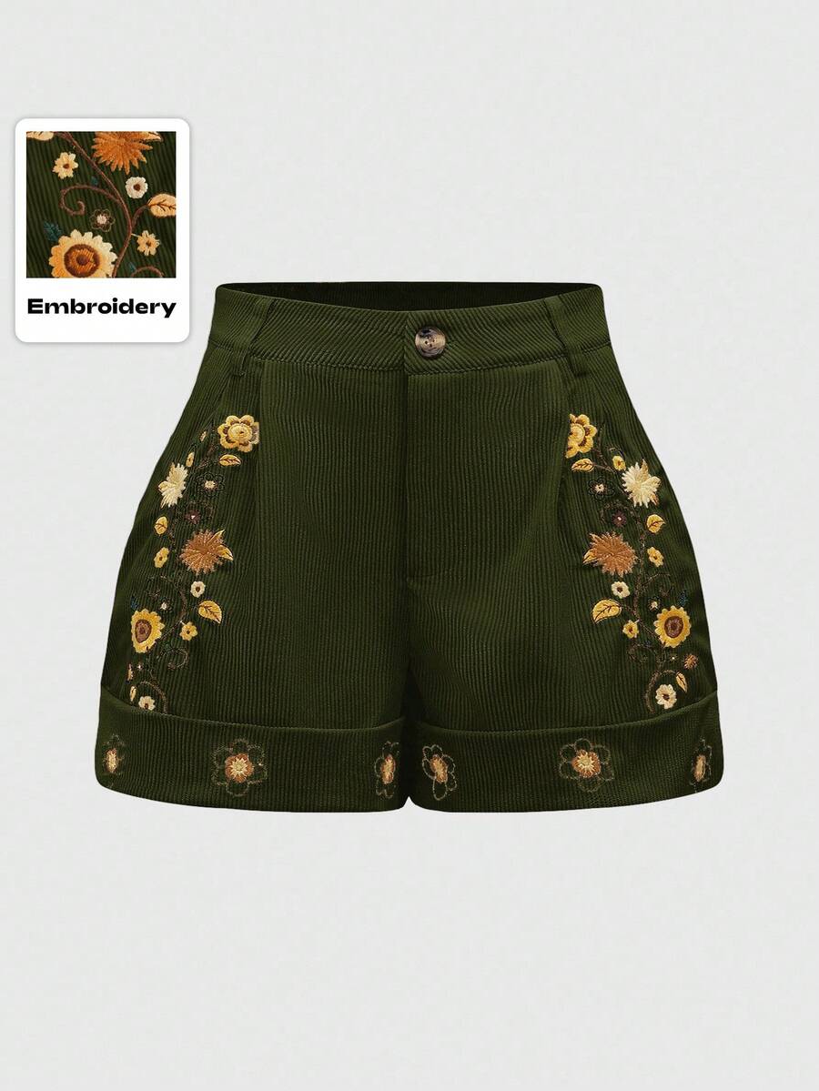 ROMWE Hippie Pantalones cortos casuales holgados con bordado floral para mujer de talla grande - Verde militar - Ver 1