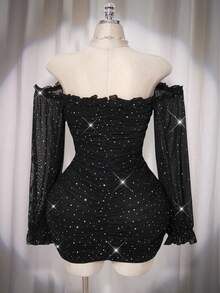 SHEIN ICON 加大码黑色Y2K性感灯笼袖露肩褶皱连衣裙，节日装扮，派对礼服，波西米亚风连衣裙 - 黑色 - 查看 2