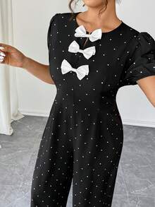 Elenzga Tuta casual a pois da donna taglie forti, elegante stile francese, per la Festa di San Valentino, con fiocco decorativo, collo rotondo, maniche a palloncino, vita stretta, effetto snellente - nero - Visualizzare 6
