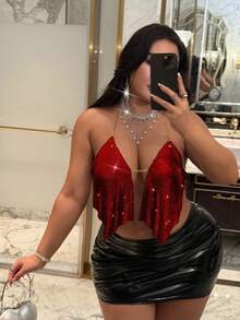 NU&NOW Áo cánh không tay đính sequin và dây xích kim loại gợi cảm cỡ lớn màu bạc cho bữa tiệc - Đỏ - Xem 3