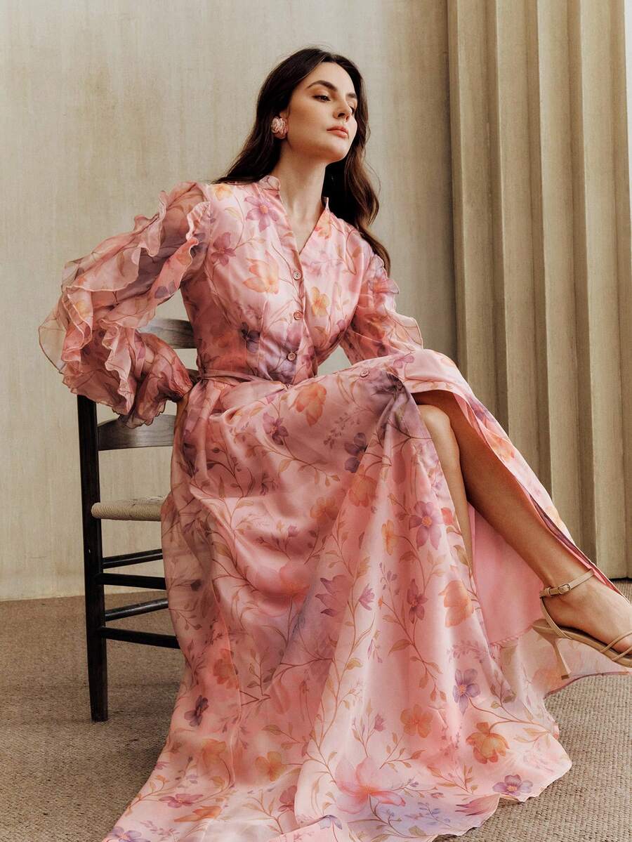 Anewsta Gaun Wanita Elegan Kasual Motif Bunga dengan Hiasan Ruffle di Bagian Bawah, Jubah Jalabiya Mewah, Pakaian Liburan Musim Semi/Panas - Berwarna merah muda - View 1