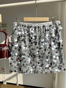 Comfortcana 大码女式时尚性感亮片迷你裙，适合音乐派对 - 銀色 - 查看 1