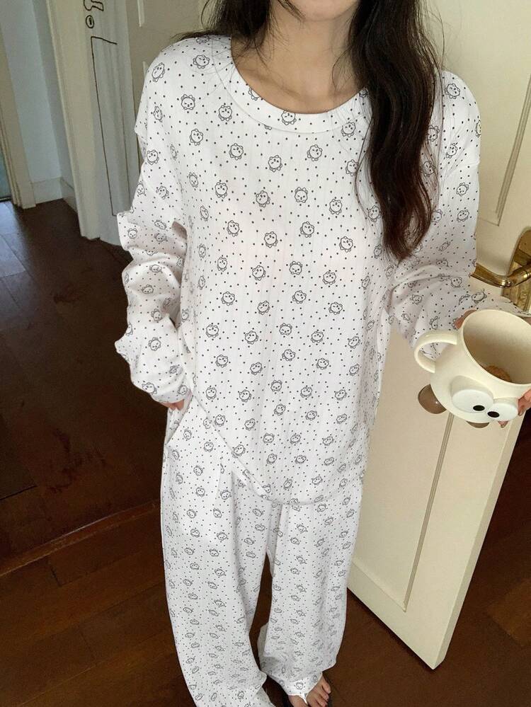Polka Dot Bear & Floral Pattern Loose Women Pajama Set