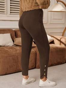EMERY ROSE 大码女式高腰纯色保暖内衬纽扣装饰开衩裤脚修身休闲/工作裤，秋冬款 - 棕色 - 查看 4