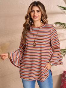 EMERY ROSE Plus Size Winter Women Casual Purple Bell Sleeve Side Slit T-Shirt Winter Cozy Fall And Winter Vacation - Multicolor - View 3