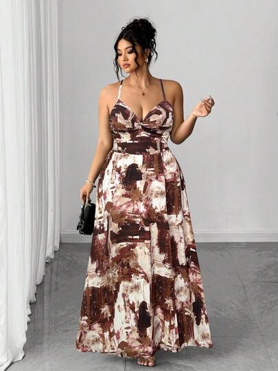 Elenzga Vestido de tirantes de fiesta y vacaciones con estampado completo, drapeado y abertura en el bajo para mujer talla grande