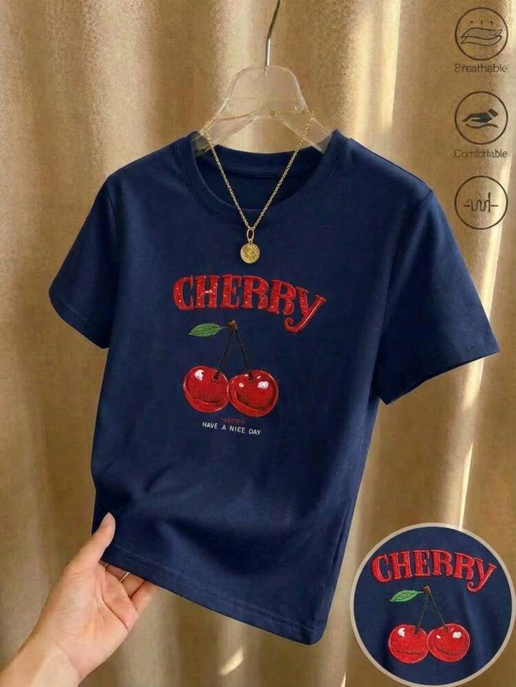 Camiseta de manga corta con cuello redondo, adornada con estampado, para ropa de Año Nuevo, camisetas gráficas para mujeres - Azul Marino - Añade 1