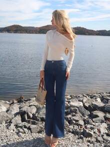 Sydney Algeri 女式休闲日常斜口袋紧身喇叭牛仔裤 - 深色水洗藍 - 查看 5