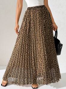 Xyvia 女士性感优雅棕色豹纹褶裥半身裙，适合圣诞节、感恩节、新年派对、休闲外出、秋冬季穿着。 - 棕色 - 查看 4