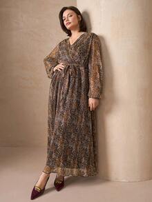 Chikora Abito elegante di media lunghezza con scollo a V, maniche a lanterna, plissettato, con stampa floreale e leopardata, adatto per resort, abiti da spiaggia, abiti da sole, outfit bohémien da vacanza, taglie comode per donna - Multicolore - Visualizzare 4