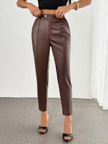 SHEIN PETITE Women's Solid Color Pocket PU Leather Seam Front Pants Brown Leather Pants Brown Pants For Women Leather Pants For Women Business Casual Woman Pants Going Out Outfit Autumn Clothes Fall Clothes Brown Pants Women's Autumn Winter Pants - Brown - View 8