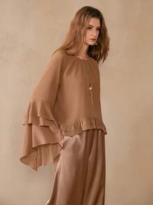 Florisole Women's Romantic Bohemian Loose Ruffled Blouse And Satin Pants 2 Pieces Set, Spring/Autumn - Khaki - View 3