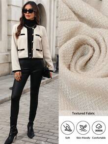 Ellevyn Women's Elegant Contrast Color Black And White Crew Neck Long Sleeve Fashionable Short Jacket Winter  Christmas New Year Thanksgiving Graduation Elegant Formal - Apricot - View 3