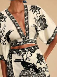 Travachic 两件套女士度假印花露脐上衣和高腰短裙，女士度假休闲套装，夏季假日服装，春假服装，派对服装，沙滩服装，春季服装，情人节，女士情人节服装，狂欢节服装，优雅，花卉，狂欢节，春夏，派对，狂欢节服装，墨西哥风情女士波西米亚风和服上衣两件套，波西米亚风两件套女士和服上衣和短裤套装，热带印花套装 - 黑色 - 查看 6