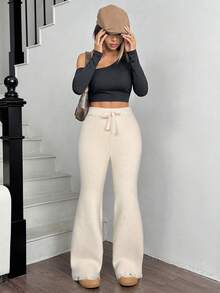 SHEIN EZwear 女士纯色喇叭裤腿打结针织裤，秋冬季款 - 杏色 - 查看 3