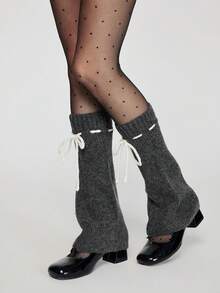 ROMWE Goth 哥特风加厚针织喇叭口中筒保暖腿套，女士秋冬款 - A-灰色 - 查看 5