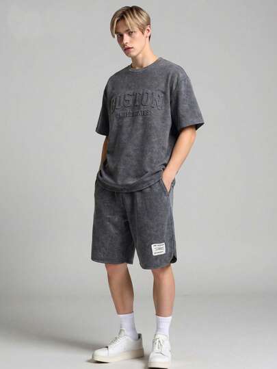 Vacaura 2pcs Casual Outfit For Teenage Boys, Fashionable & Stylish Embossed English Graphic Crew Neck Pullover T-Shirt With Curved Side Design, Shorts With Simple Woven Label And Curved Hem, Textured Fabric, Suitable For Summer And Autumn Short Sets For Teen Boys T Shirt And Shorts Set