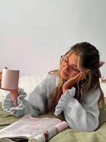 EURMUSE Oversized Soft-Touch Knit Sweater With Ruffled Cuff Sleeves And Crew Neck In Vibrant Pinky - Grey - View 5