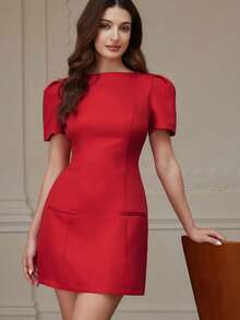 BELROSIE Fashionable Design Sense Casual Pleated Pocket Short Sleeve Solid Color Dress - Red - View 3
