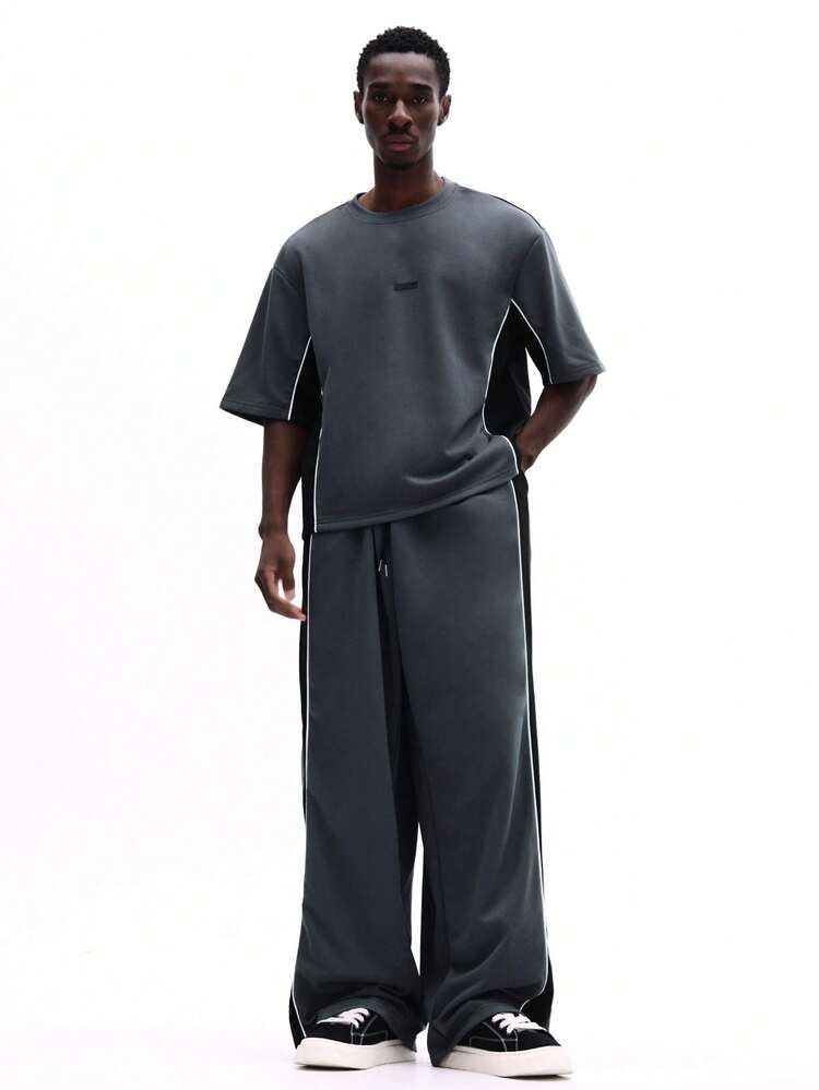 Oversized Tee And Wide Leg Pants Set With Contrast Piping
