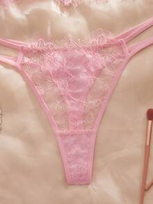 SHEIN 2pcs Lace Eyelash Bandeau Underwire Bra And G-String Lingerie Set