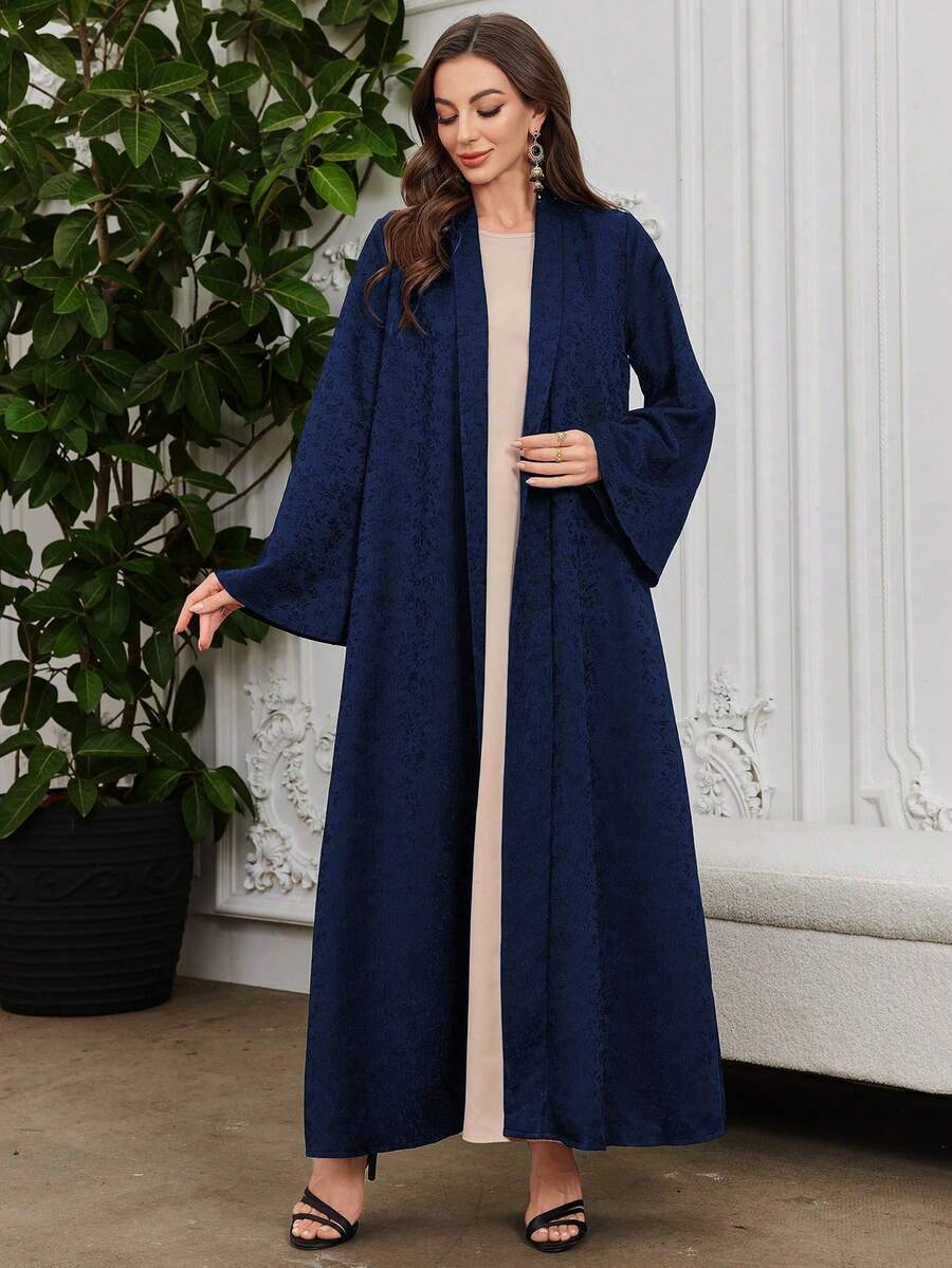 Al Najma Elegant Solid Color Jacquard Texture Flare Sleeve Wide Lapel Robe Abayas - Royal Blue - View 1