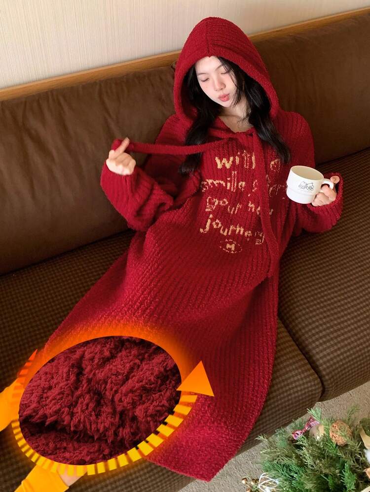 Loose Fit Graphic Hoodie Knit Nightgown For Women, Autumn/Winter