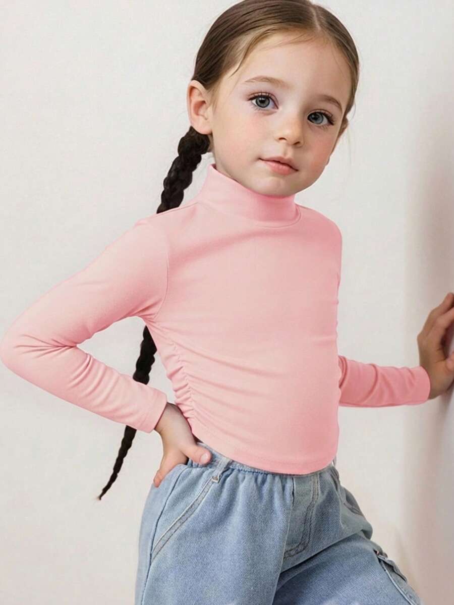 SHEIN Áo thun dệt kim cổ bẻ màu trơn cho bé gái, thích hợp mặc thường ngày, mặc đi học vào mùa thu đông, phù hợp cho mẹ và bé. Dùng cho dịp Giáng sinh. - Màu Hồng baby - Xem 1