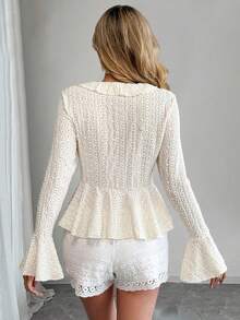 Rafferiza Elegant,Autumn Cream White V-Neck Lace Ruffle Trim Waist Cardigan Women Deep V Tie Front Slim Fit Bell Sleeve Hollow Out Blouse Top Boho Date - Apricot - View 2