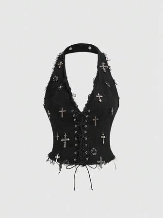 Grunge Punk Top aderente in denim con decorazione a croce in metallo, stile retrò e sexy, subcultura, senza spalline