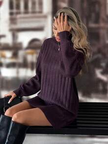 Chiquease Solid Color Turtleneck Ribbed Knit Long Sleeve Sweater Dress - Red Violet - View 6