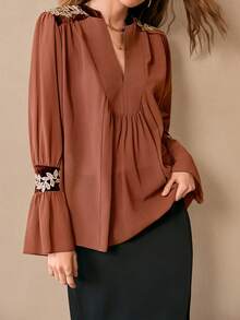 Florisole 女士波西米亚风休闲雪纺宽松拼接蕾丝边棕色衬衫，春秋季 - 棕色 - 查看 6