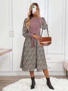 SHEIN LUNE Váy midi tay dài họa tiết hoa chắp vá thường ngày dành cho nữ - Màu tím - Xem 4