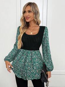 SHEIN LUNE 女士休闲罗纹拼接印花长袖上衣 - 綠色 - 查看 5