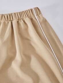 SHEIN ChillGRL 少女落肩拉链连帽衫外套搭配阔腿裤休闲装 - 卡其色 - 查看 6