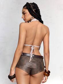 ROMWE Women's Retro Rocker Hippie Music Festival Sexy Halter Asymmetrical Hem Sheer Strap Camisole - Brown - View 3