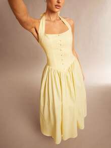 Silquee Váy xòe chữ A thắt eo hở lưng màu vàng thời trang xuân/hè, váy bồng, váy không tay, váy sinh nhật, thích hợp cho hẹn hò, đi chơi, tiệc hộp đêm, tiệc sang trọng, trang phục hàng ngày, váy dự tiệc, váy biểu diễn sân khấu, trang phục sang trọng, váy phù dâu, trang phục mùa cưới, váy cocktail, váy dạ hội, trang phục đi nghỉ - Màu vàng - Xem 5