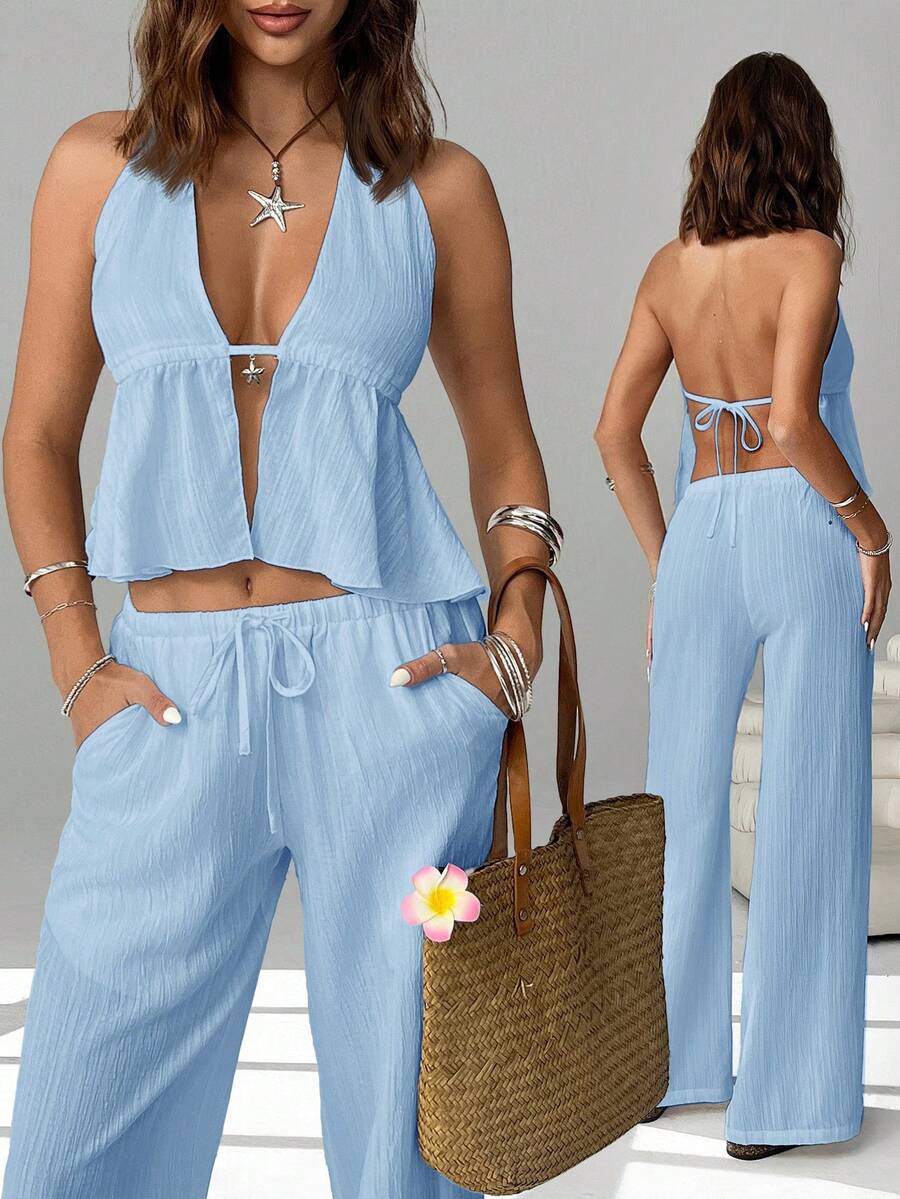 SHEIN EZwear 两件套女士度假纯色露背吊带上衣和裤子休闲套装 - 藍色 - 查看 1