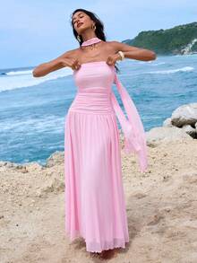 Opulessa Váy đi biển thiết kế xếp nếp màu trơn thanh lịch dành cho nữ - Hồng - Xem 4