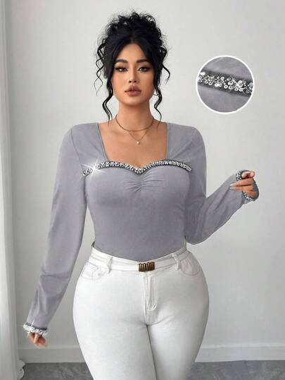 Elenzga Women's Large Square Neck Sweetheart Neckline Splicing Glitter Diamond Chain Decorated Neckline Long Sleeve Slim Fit T-Shirt Casual Top Elegant Bodycon Going Out Tops Party