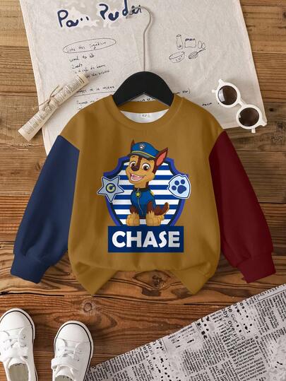 SHEIN | PAW Patrol 男童休闲日常通勤时尚街头趣味卡通狗字母图案撞色落肩宽松圆领卫衣，秋/春季款