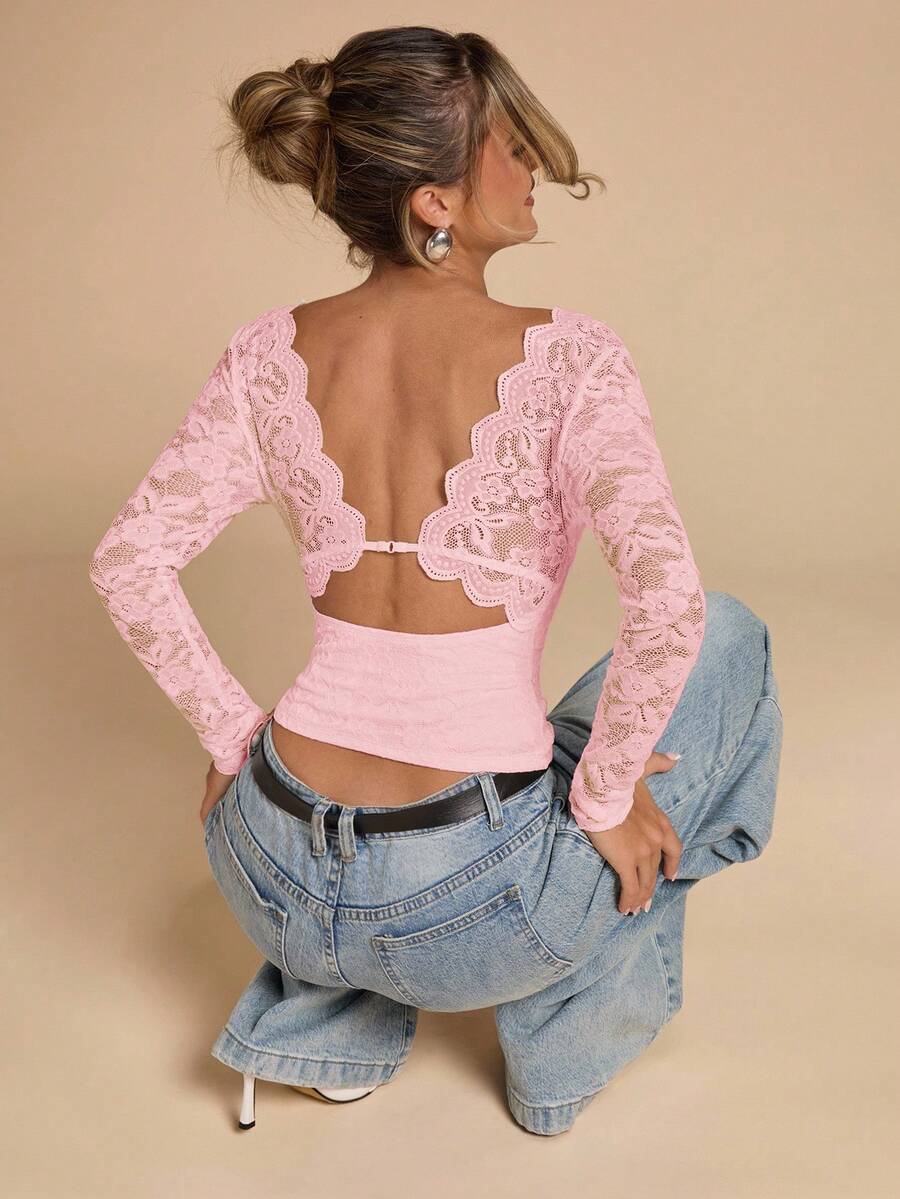 SHEIN BAE 秋冬纯白性感蕾丝长袖露背上衣，性感露背上衣，秋季上衣，露背打底衫，外套，秋季女装，复古富贵，性感简约女式上衣，适合派对、鸡尾酒会、正式场合、生日上衣 - 珊瑚粉 - 查看 1