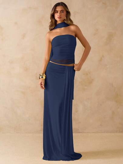 SHEIN BAE Set van 2 effen roze geplooide bandeautops voor dames en een laag uitgesneden geplooide maxi-rok, strandvakantie-outfit, zomerse boho-jurk zonder rug, concertoutfit voor dames, bruidsmeisjesset van 2 stuks