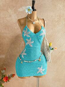 Soleia Đầm ôm sát thời trang hở lưng họa tiết sao biển đính sequin dành cho nữ - Màu xanh ngọc - Xem 7