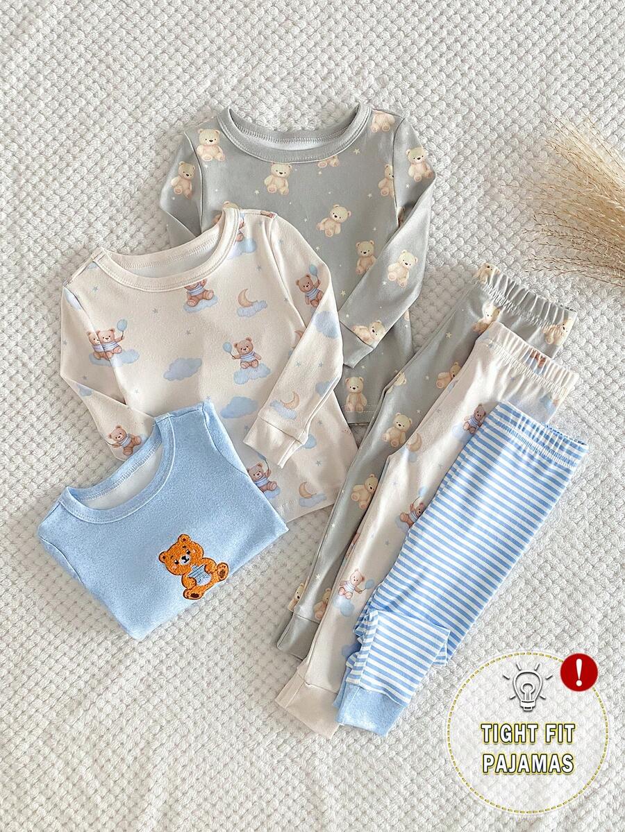 6件套婴幼儿男童可爱小熊全身印花长袖上衣和条纹长裤睡衣套装 - 彩色 - 查看 1