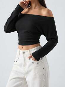 LYSMO 女士露肩纯色长袖短款上衣